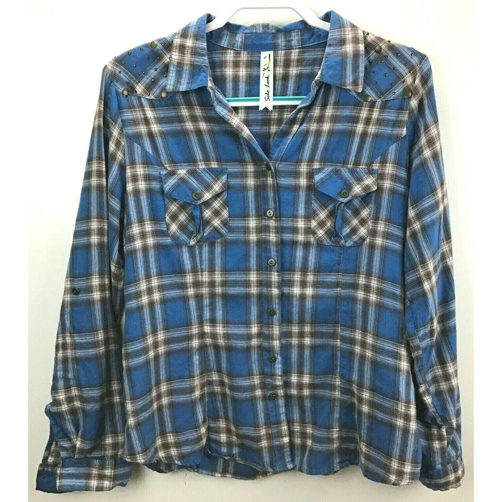 Soho Look Womans Plaid Button Front Flannel Shirt with‎ Roll Tab Sleeves Size Sm